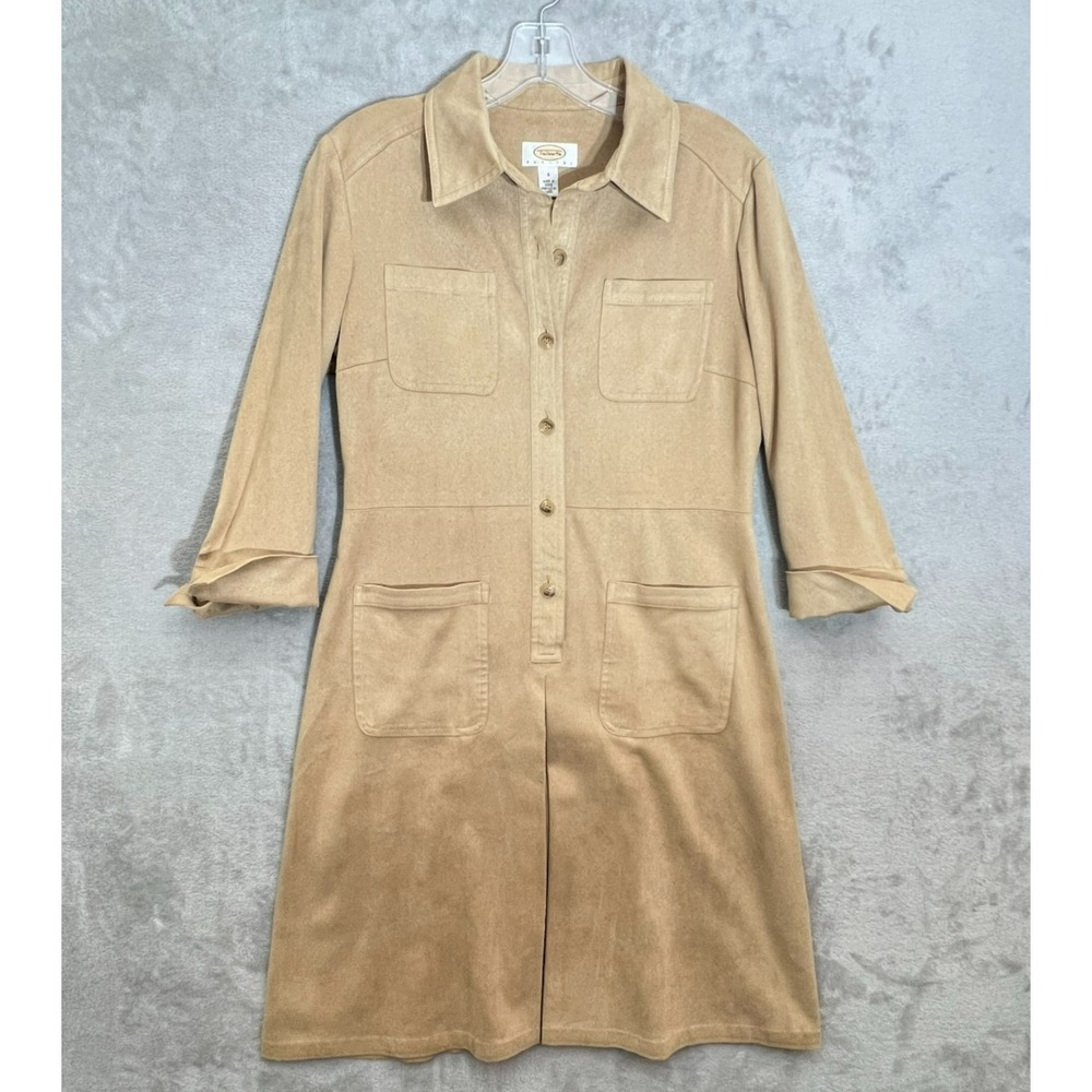 Talbots Petites Faux Suede Shirt Dress Tan Button Front Midi Size 4